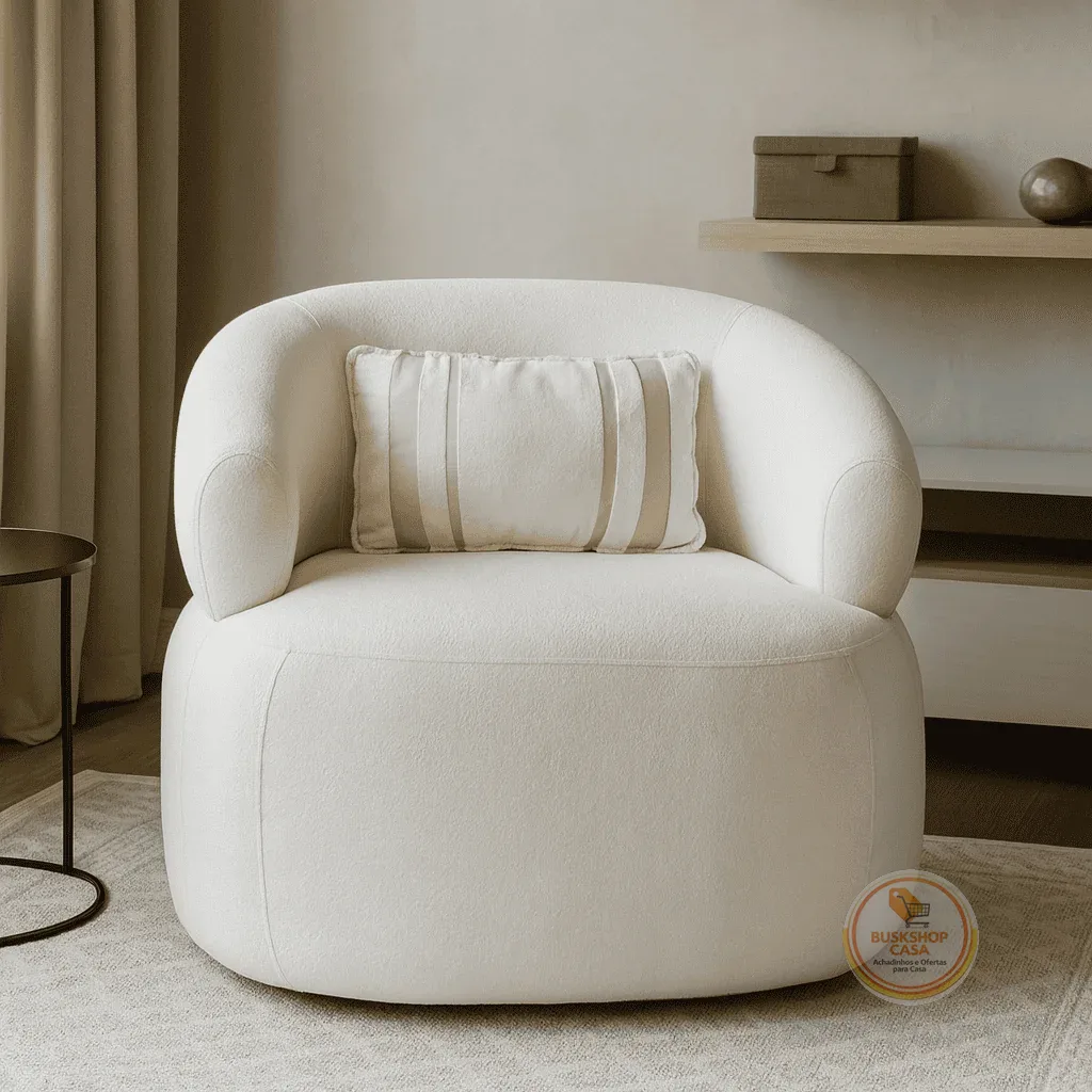 Poltrona Serena Orgânica Bouclê Off White com Almofada Sofisticada e Confortável para Sala de Estar – AV
