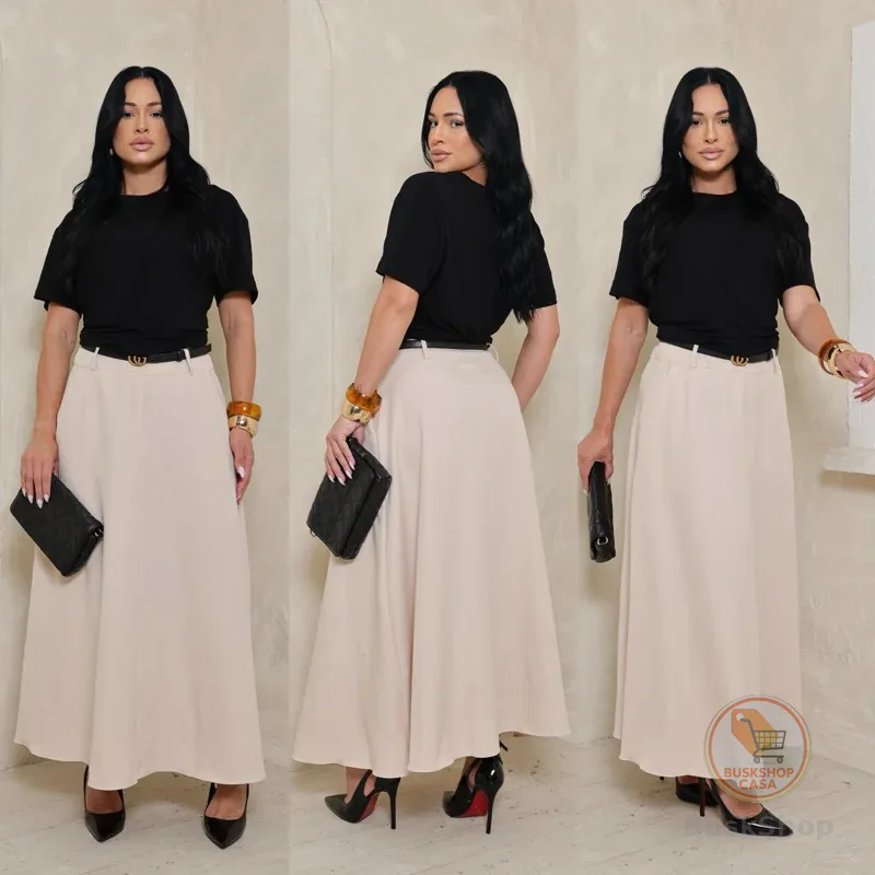 Saia Longa Feminina Alfaiataria Cintura Alta Moda Evangélica Elegante Inverno Casual M ao GG