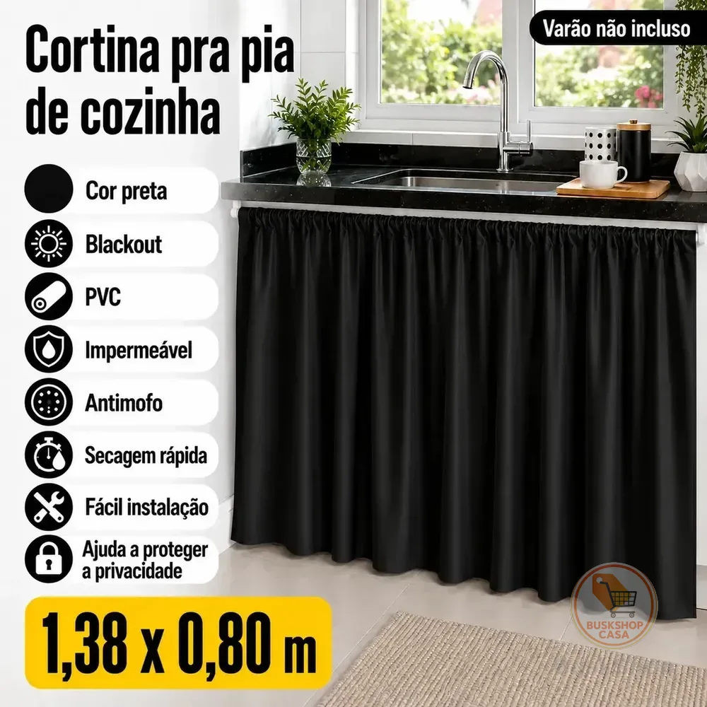 Cortina Pra Pia De Cozinha Blackout Preta 1,38x0,80m Liso - Marianopole Preto