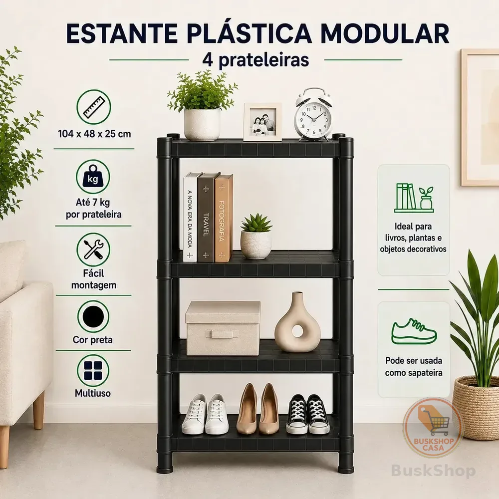 Estante Plastica Modular 4 Prateleiras Multiuso Organizadora Preta - Marianopole 4 Prateleira