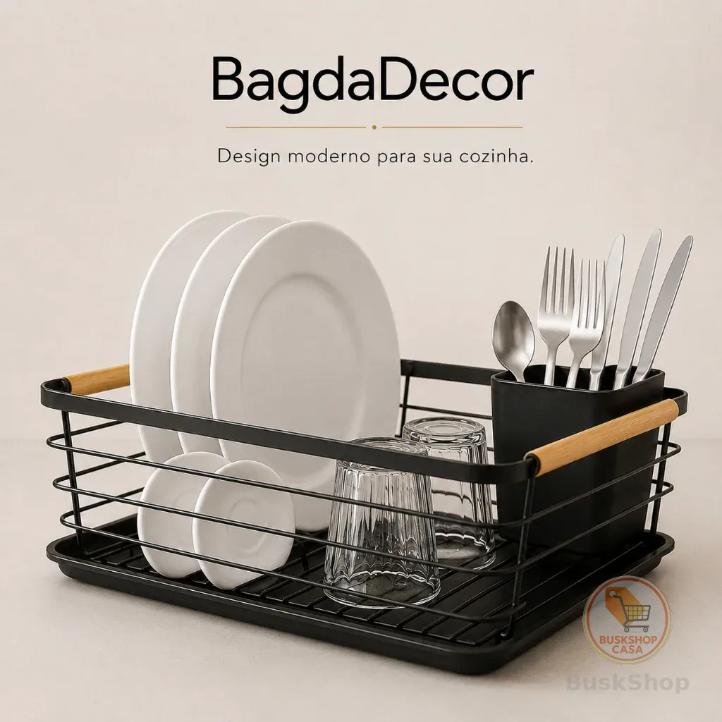 ⭐ Escorredor de Louça Premium Preto com Bandeja Removível 🥂 Porta Talheres Aço Inox + Bambu