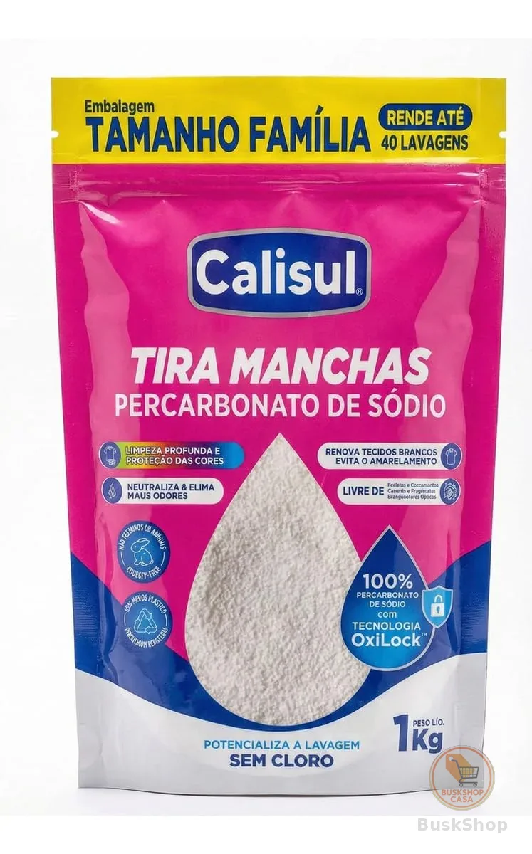 Percarbonato de Sódio 1kg 100% Puro Tira Manchas em Pó Sem Cloro, Biodegradável e Seguro para Roupas Brancas, Coloridas e Limpeza Doméstica Calisul