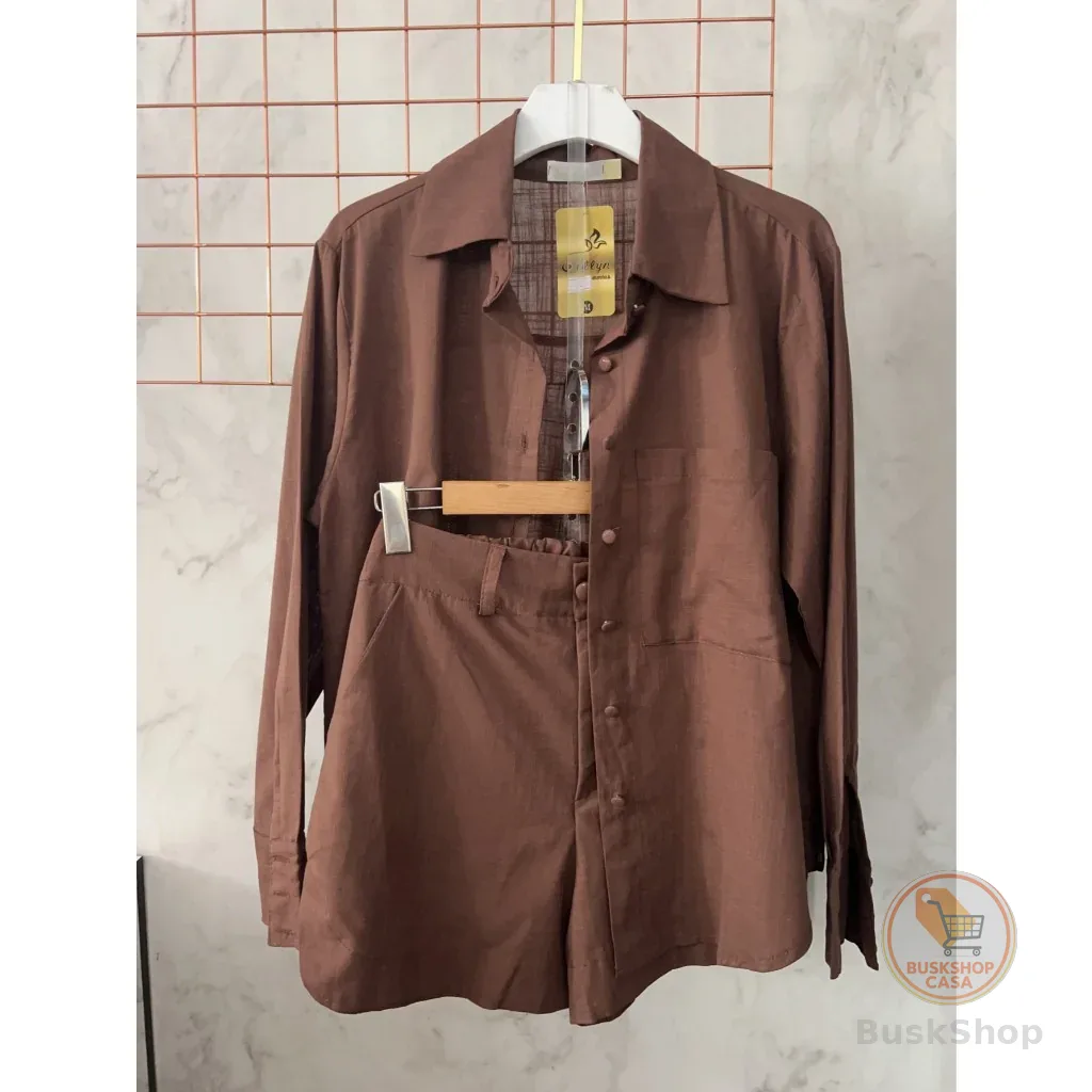 🛍️Conjunto Femenino Leve | Camisa Chemise de Manga Longa e Short Com Elástico