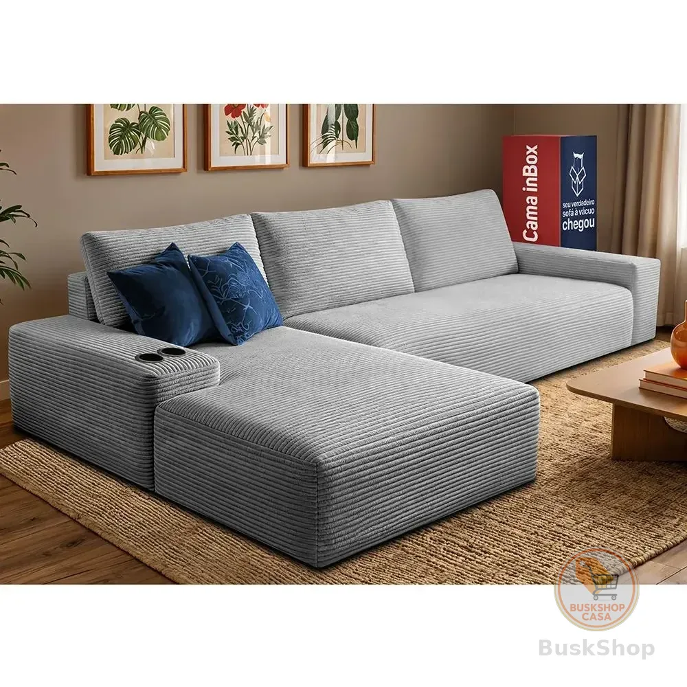 > 🛍️ Sofá Evo. 2,70m Molas Ensacadas Com Chaise Esq. Cama Inbox Prateado Liso