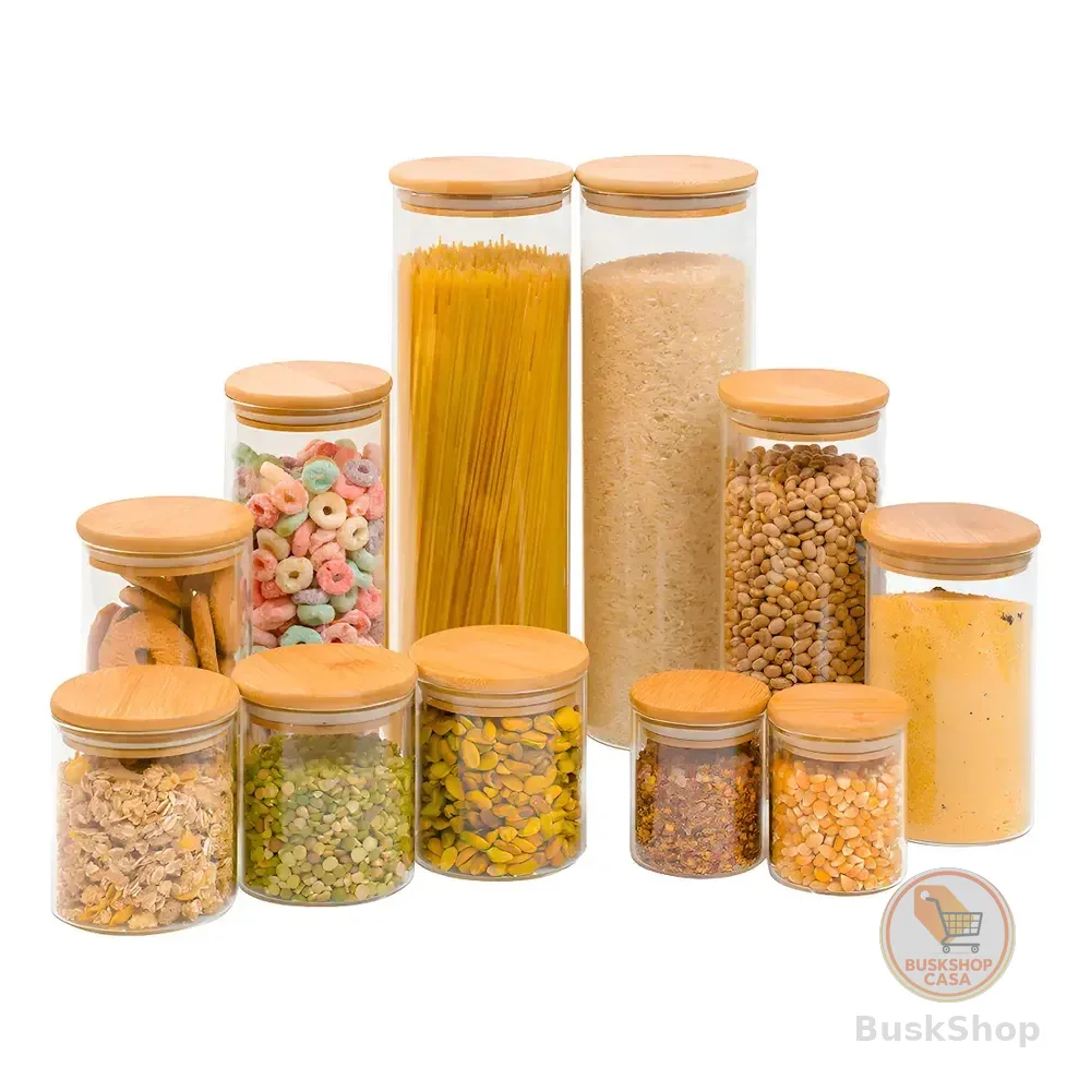 Tud Kit 11 Potes Vidro Herméticos Tampa Bambu 200ml A 2l Armazenamento Marrom-claro