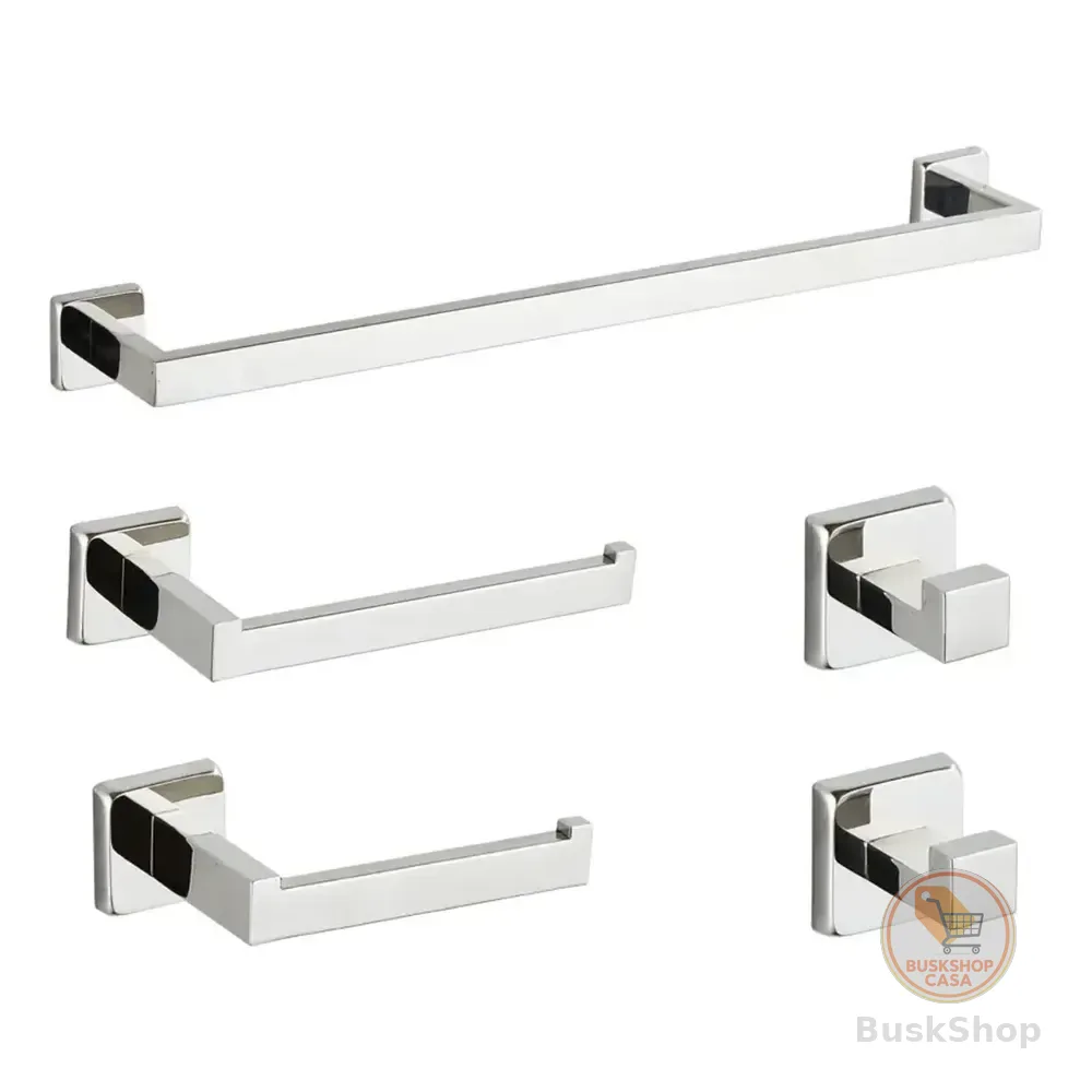 Kit 5 Conjunto Acessorios Suporte Banheiro Lavabo Inox 304 Prateado Brilhante