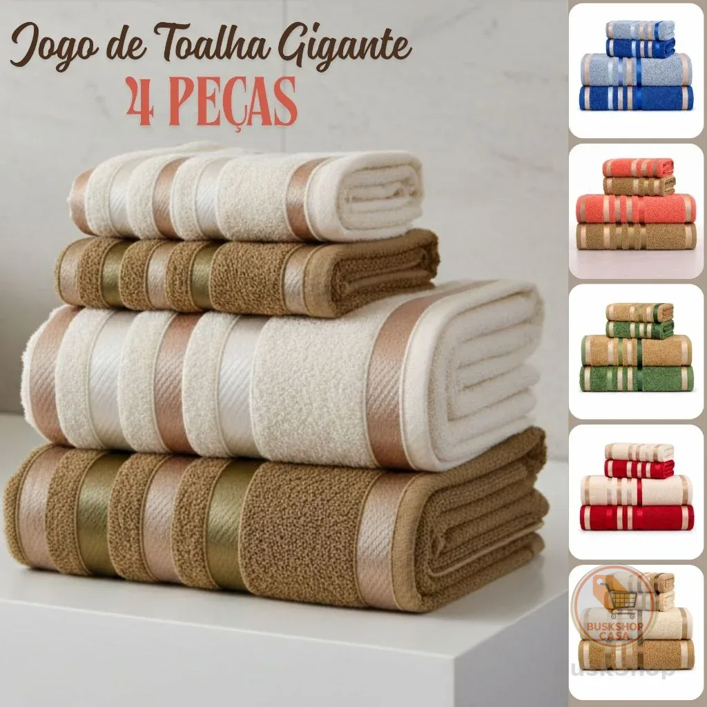 Jogo de Toalha Banhão Gigante 100% Algodão 4 Pçs Macio Excelente Absorção Banho Rosto Colore Habitat