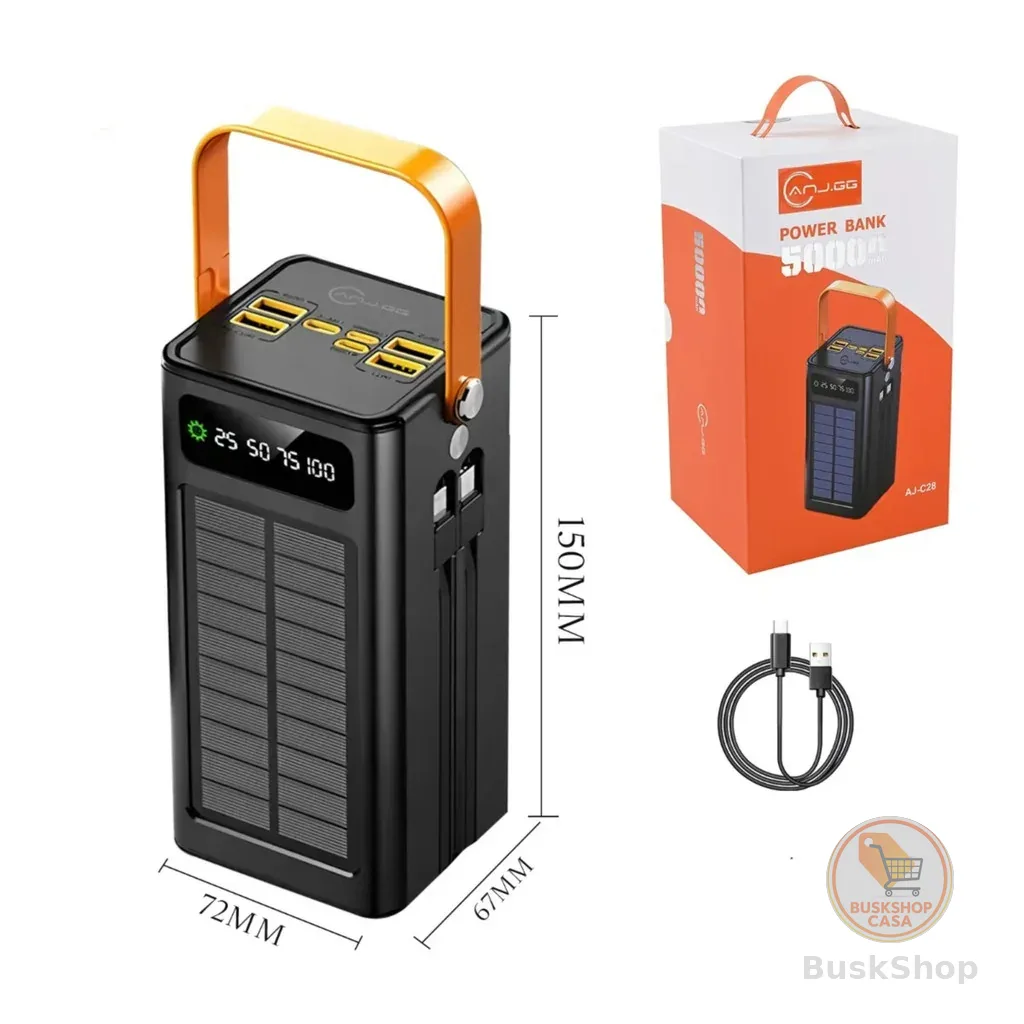 Power Bank Solar 50000mAh Carregador Portátil Grande Capacidade USB com Cabo Universal