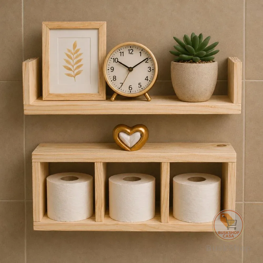Kit Prateleira + Nicho para Banheiro, Lavabo, Quarto ideal para Decoração em Madeira Pinus Natural Já Montado