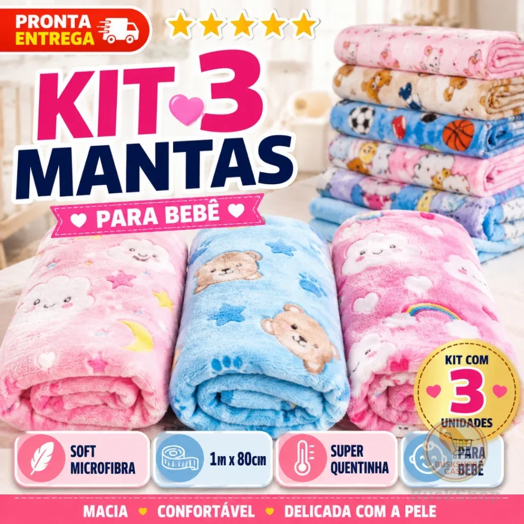 Kit 3 Unidades Manta Soft Microfibra Para Bebê Infantil Inverno Estampada 100cm x 80cm