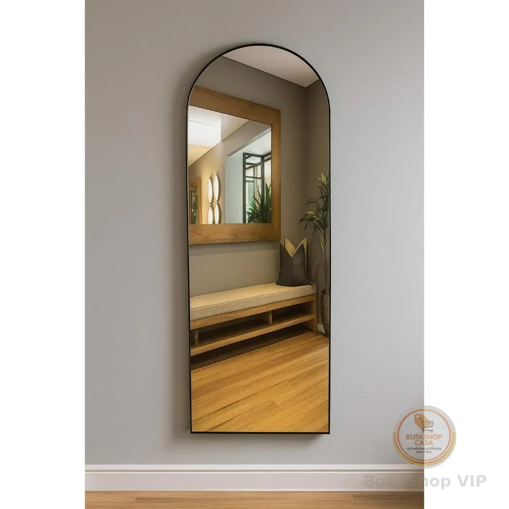 Espelho 170cm x 50cm Corpo Inteiro Grande Oval com Base Reta Moldura em Alumínio Quarto Sala Hall