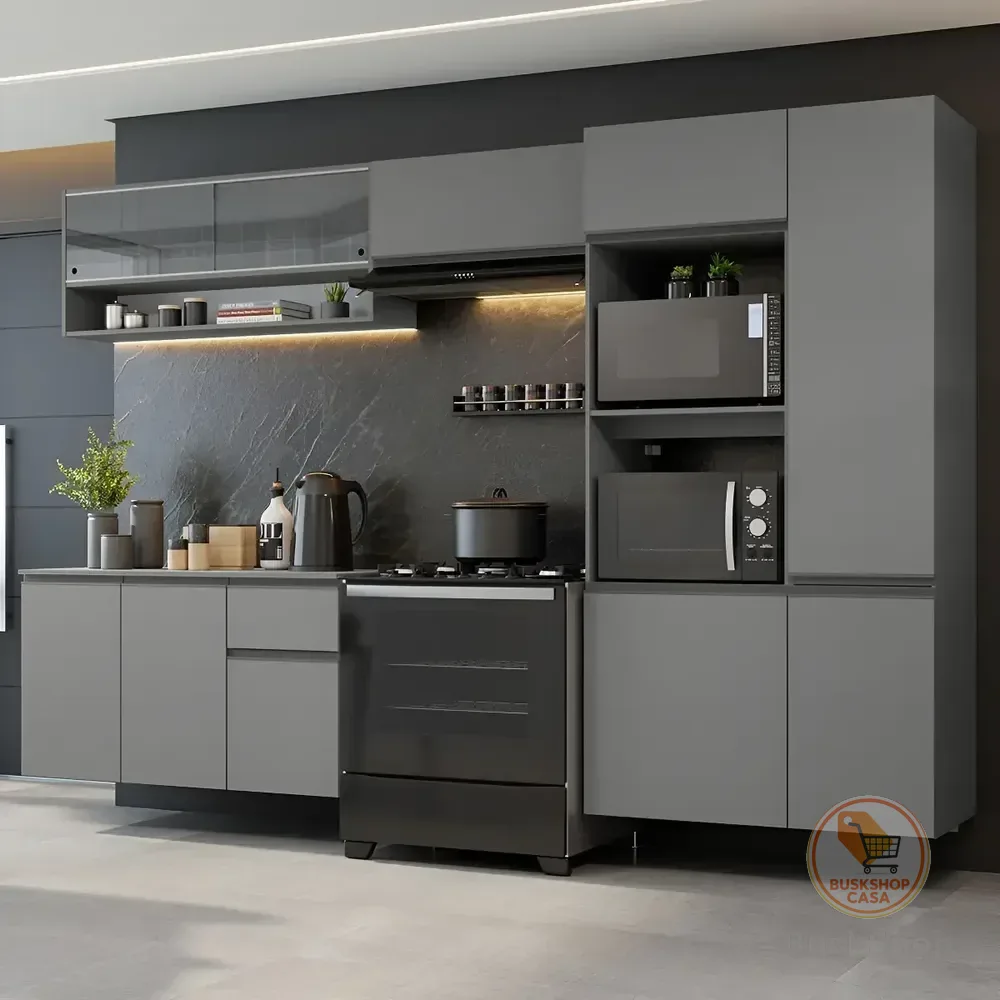Armário Cozinha Completa Modulada Suspensa Com Balcão Para Cooktop 300cm Cinza Nice Madesa Grnc3000073b
