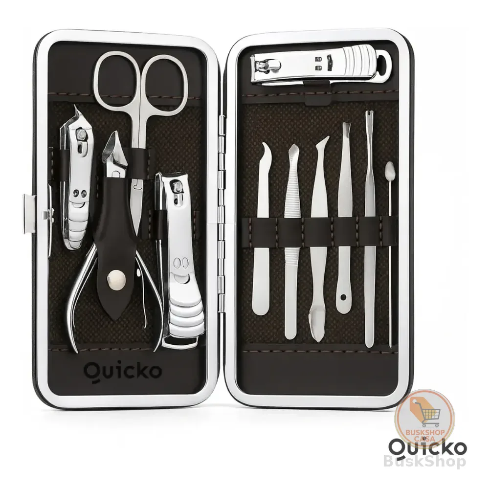Kit Manicure Portátil Estojo Alicate Cortador De Unha 12 Pç - Desencravador De Unha Alicate Lixa Profissional Premium Tesoura Empurrador De Cutículas Marca Quicko