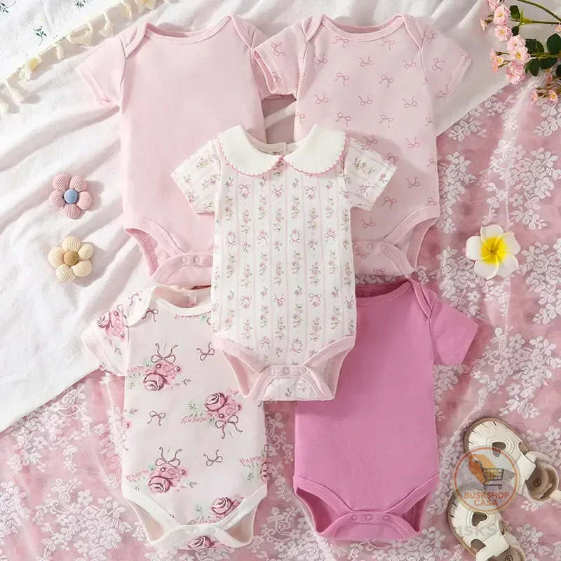Kit 5 Bodies Bebê Manga Curta Algodão Rosa Listras 0-3m