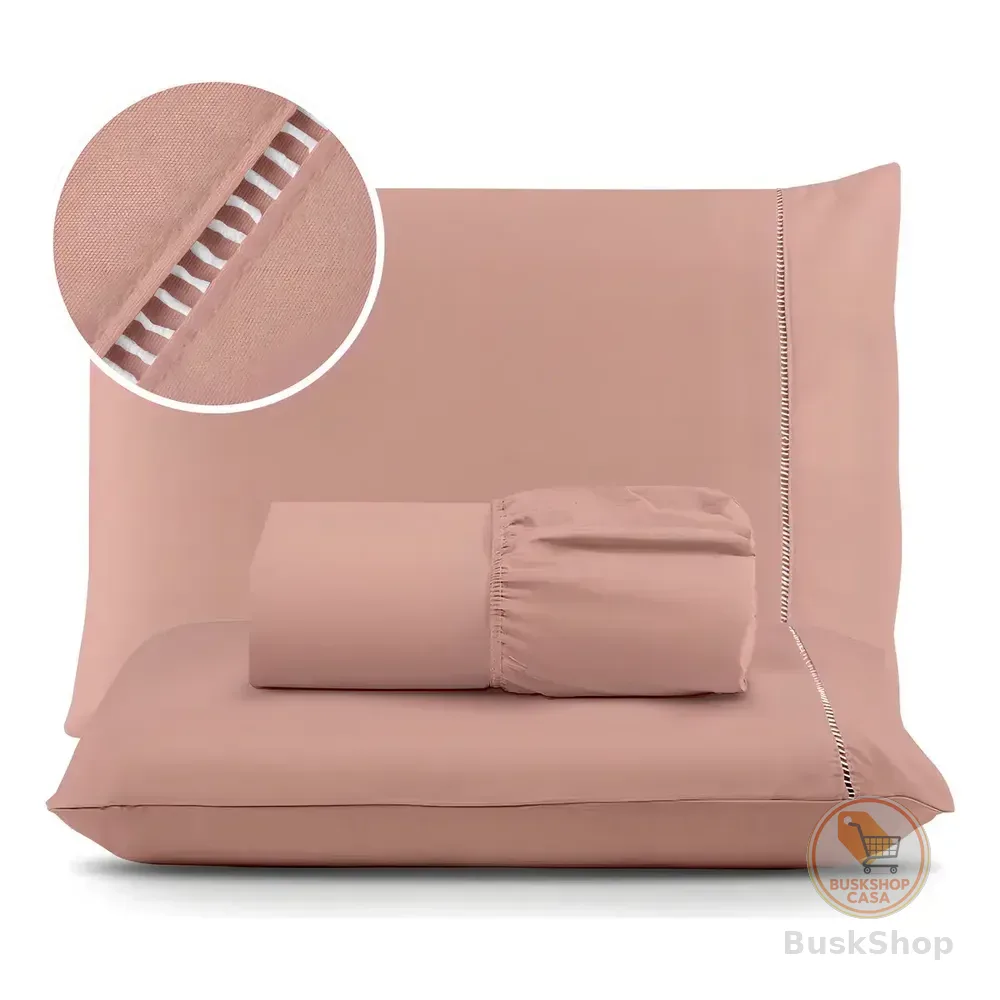 Jogo De Lençol Cama Casal Padrão 03 Peças 400 Fios Ponto Palito Extra Macio Cor Rose Liso