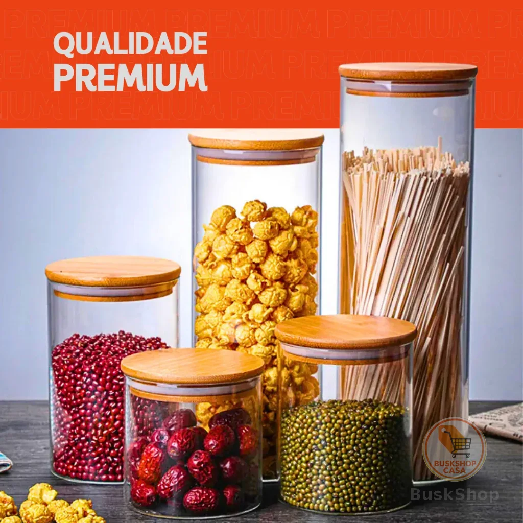 Porta Mantimento  De Vidro Herméticos - Kit Com 5 - Tampa De Bambu - Mazzal