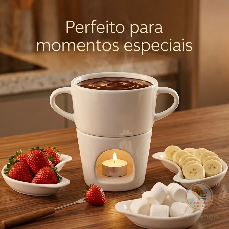 Fondue de Porcelana Branca para Chocolate e Queijo com Vela | Presente Romântico