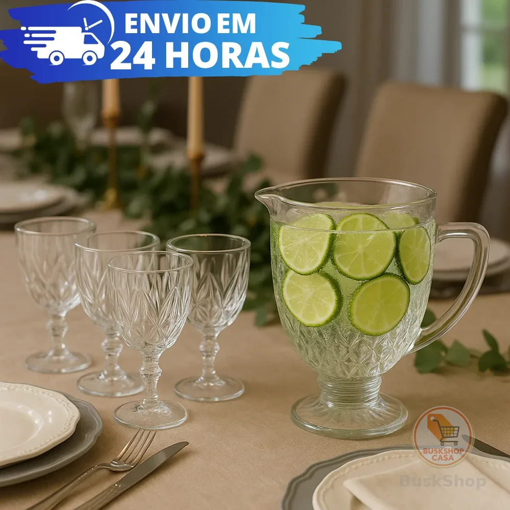 Conjunto Jarra Diamond 1200ML e Jogo Taças 340ML Diamante Kit Água Suco Vinhos
