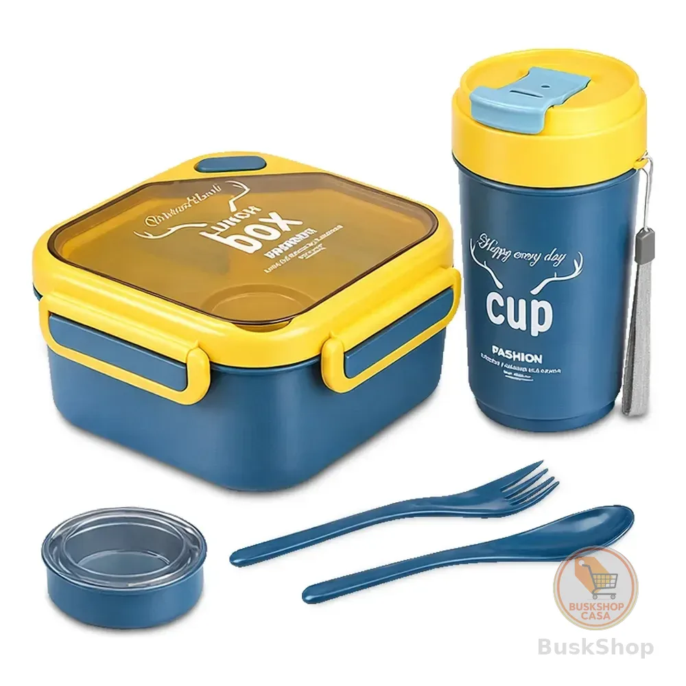 Kit Marmita Copo Talheres Tampa Trava Hermética Lancheira Azul