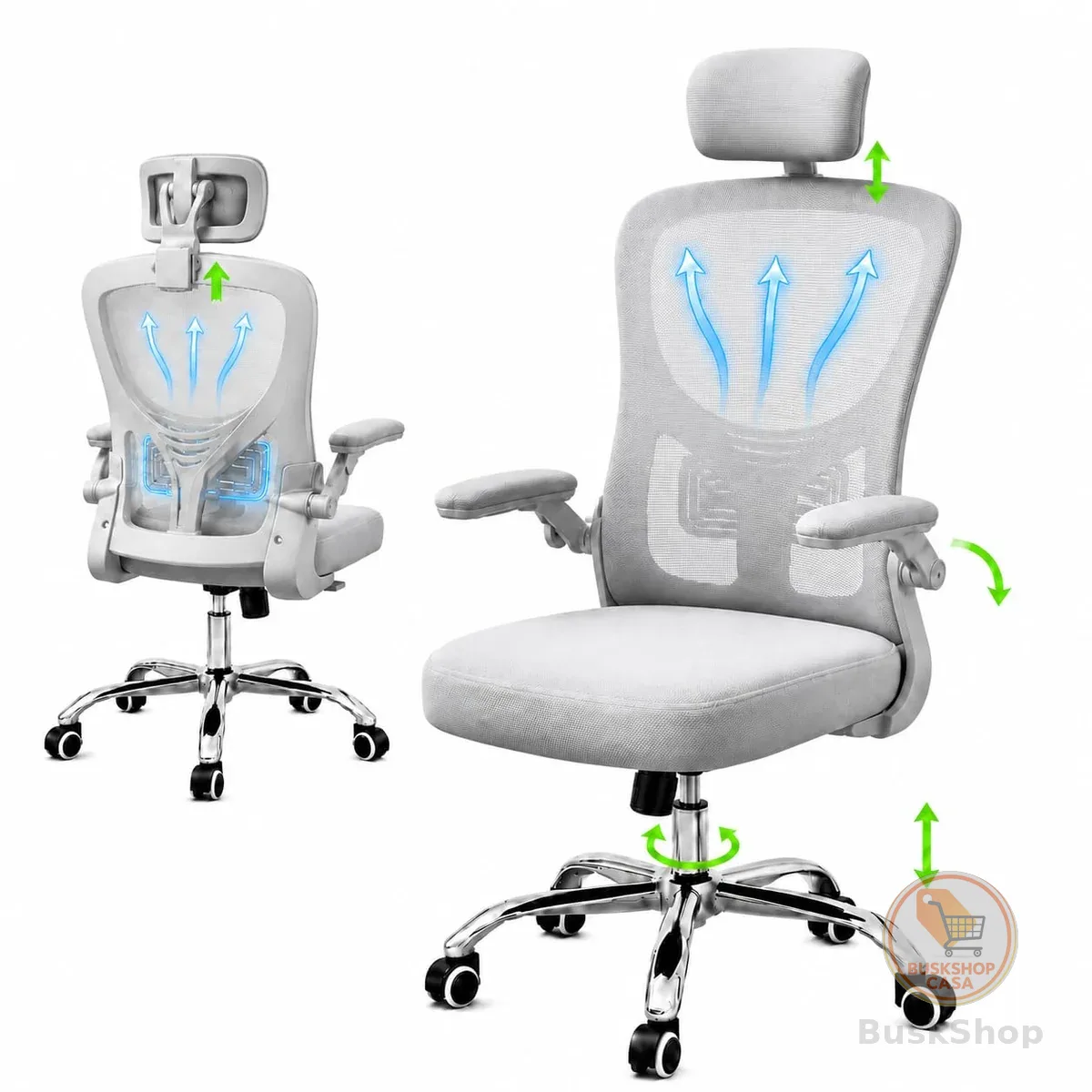 Cadeira de Escritório Ergonômica Premium NR17 Cinza Giratória Reclinável 145 Graus com Suporte Lombar Encosto Mesh Respirável Cadeira Gamer com Regulagem de Altura e Rodinhas Suporta até 120kg