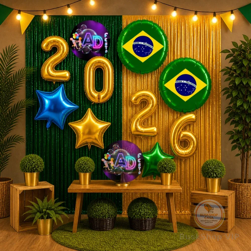 🛍️Kit Decoração, 2 Cortinas + 2 Balão Brasil 45cm + Balão 2026 + Balões Estrela, Copa do mudo 2026 Kit Completo, Hexa