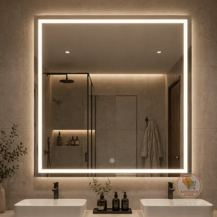 Espelho Quadrado 40x40 Jateado Fino LED 3 Cores Touch Banheiro Lavabo Quarto Luxo