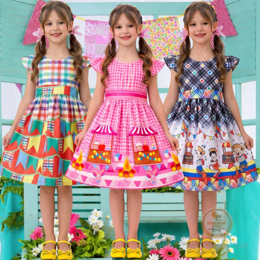 🛍️Vestido Infantil menina festa junina quadrilha arraial - laranja - Valor sujeito à alteração.