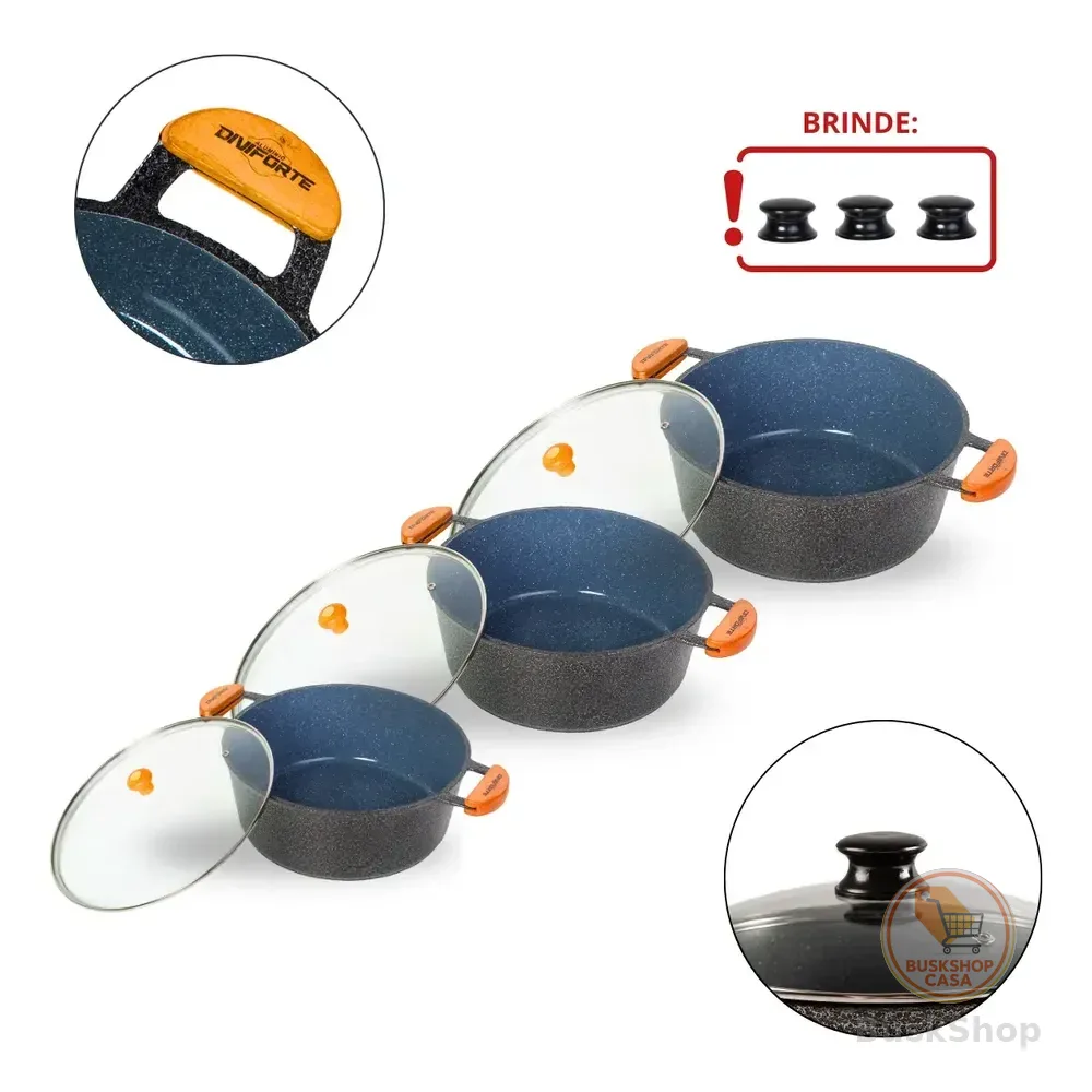 Kit De Cacarola Ceramica Diviforte 3 Peças Tampa De Vidro Preto