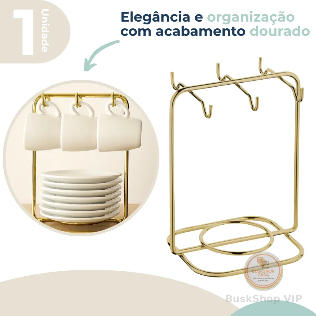 🛍️Suporte Organizador Porta Xícaras De Café e Pires Com 6 Ganchos Dourado Future