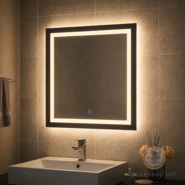 🛍️Espelho LED Quadrado 50x50 cm Jateado com Botão Touch e 3 Tons de Luz - 3 cores