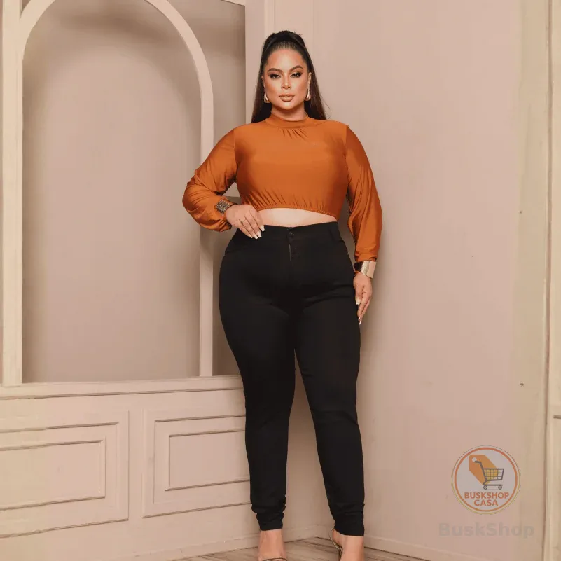 Calças Jeans Femininas Plus Size Cintura Alta Até o Umbigo Lycra