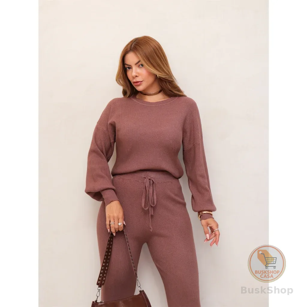 Conjunto Feminino Tricot Blusa Manga Longa e Calça Pantalona Elegante Confortável Inverno 3RD SD2008
