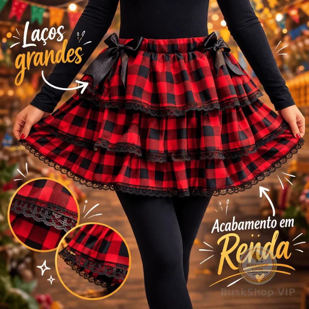 🛍️Saia Festa Junina Caipira São João Xadrez Juvenil Adulto Luxo Rodada Elástico Alta Qualidade 36 a 46