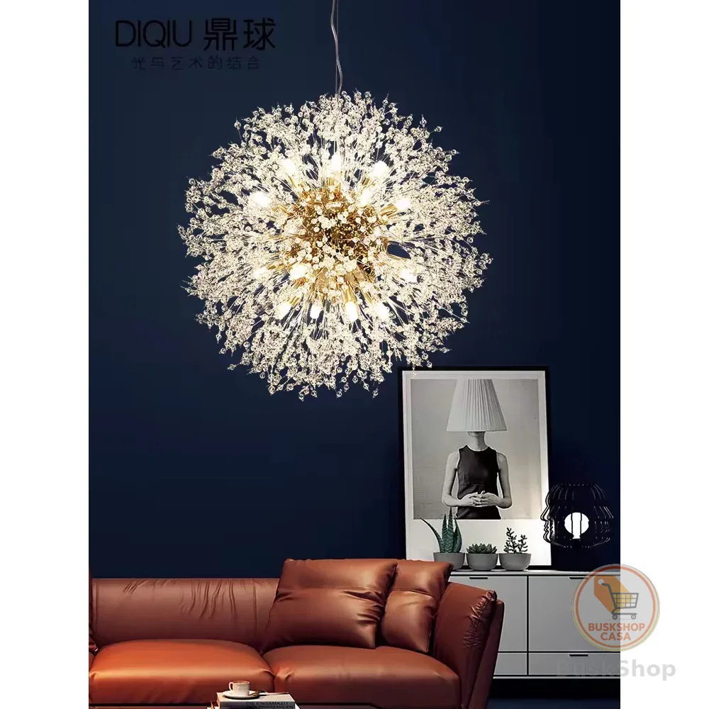 Dourado Lustre Pendente Cristal Dente De Leão 35cm+6 G9  lâmpada