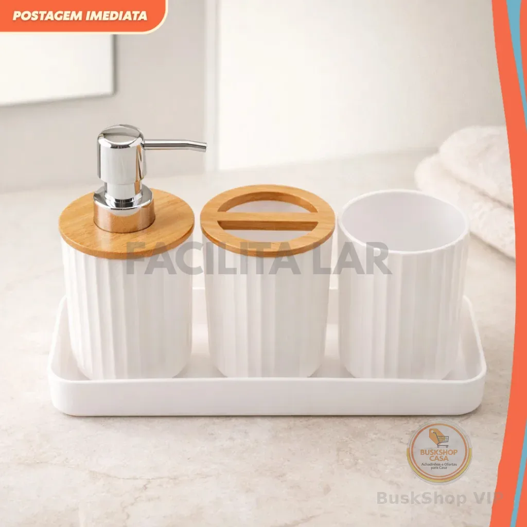 > 🛍Conjunto Banheiro 4 Peças Branco com Bambu – Dispenser, Porta-Escova, Copo e Bandeja – Design Minimalista