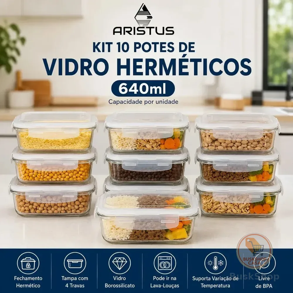 Kit 10 Potes Vidro Hermético Aristus 640ml Marmita Anti Vazamento Forno Micro-ondas Freezer Tampa 4 Travas - Branco