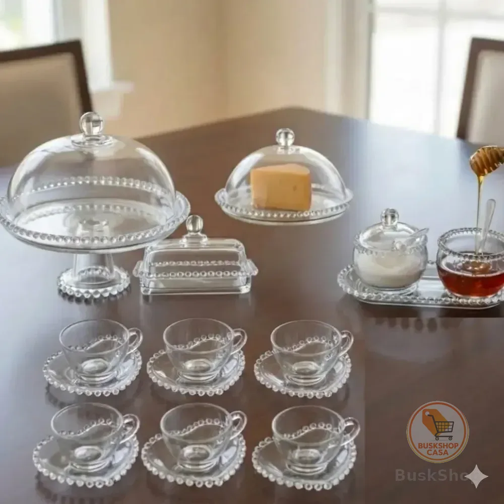 Aparelho Para Mesa Posta 6 Pçs Café Chá Cristal Pearl Borda Bolinhas Wolff Pires Redondo Prato C/ Pé - Manteigueira - Meleira - Queijeira - Travessa - Açucareiro + (6 Xícaras 180ml C/ Pires)