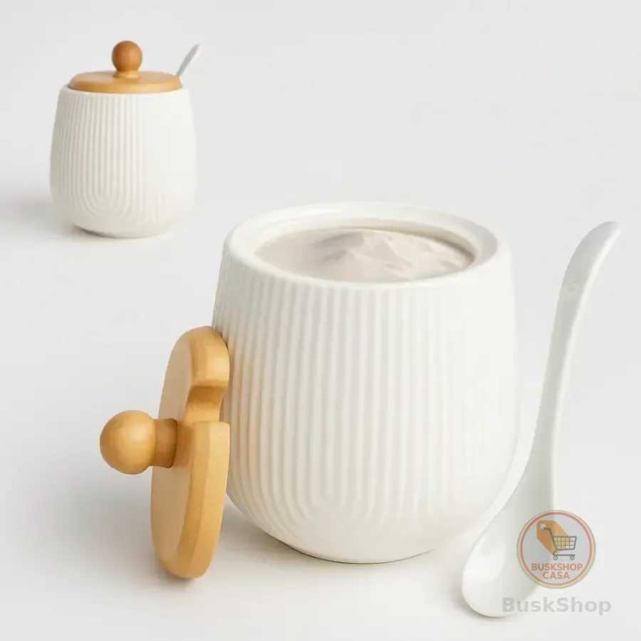 Açucareiro Cerâmica E Tampa Bambu 360ml Com Colher Hauskraft Oásis Branco