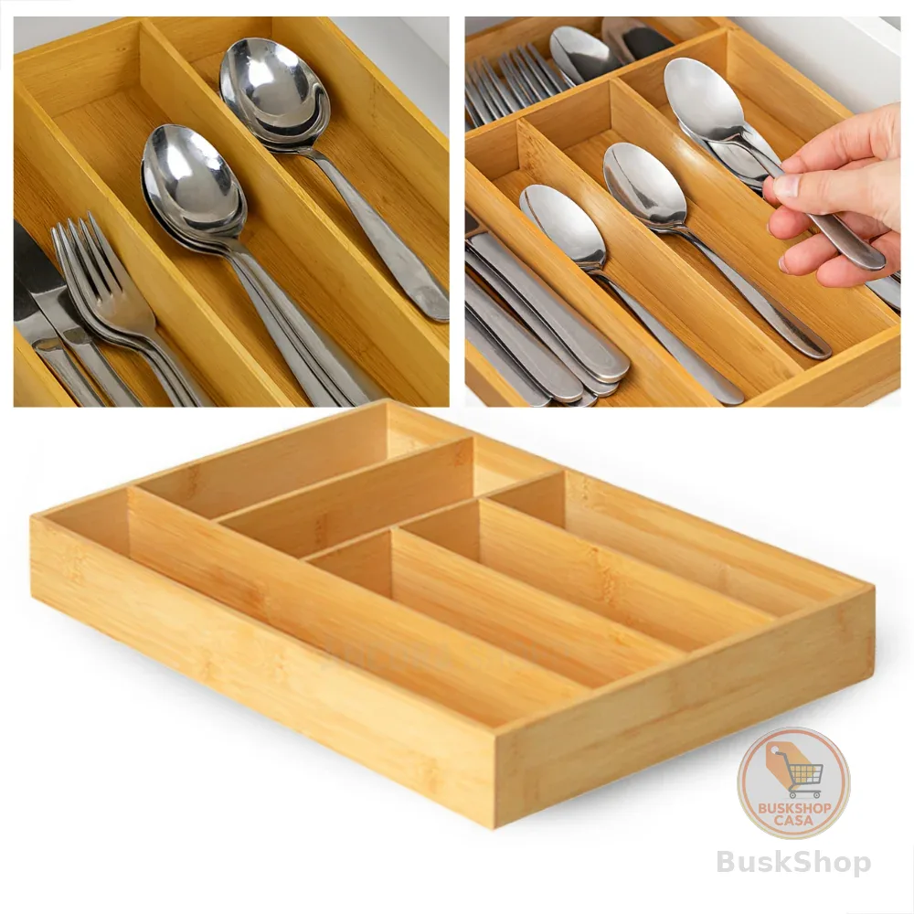 Organizador de Gaveta Porta Talher Separador de Talheres de Cozinha 6 Divisórias Bambu 30cm x 38cm