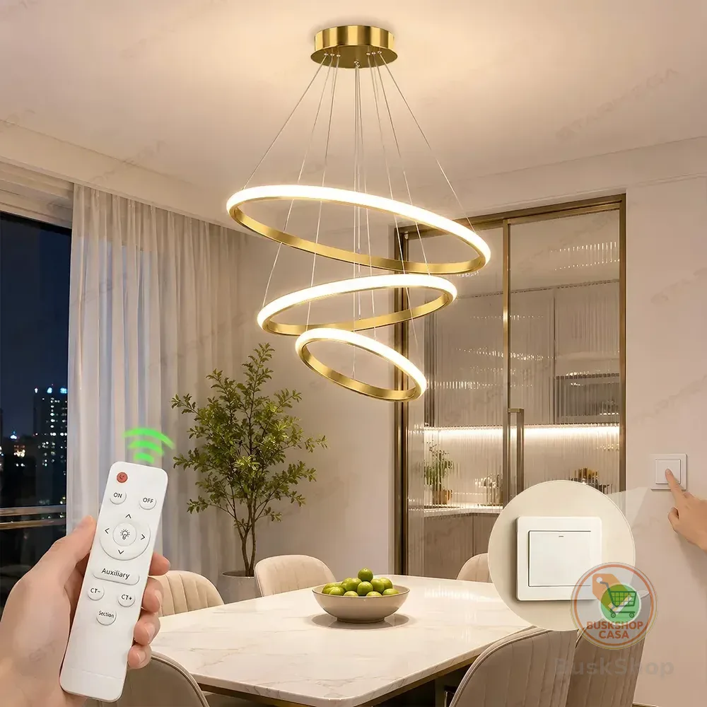 Lustre Led Sala Moderno Com Controle Remoto, 3 Arcos Pendente Luminária Teto, Lustre Sala De Jantar Lustre Pendente Luxo... Dourado (com Controle Remoto)