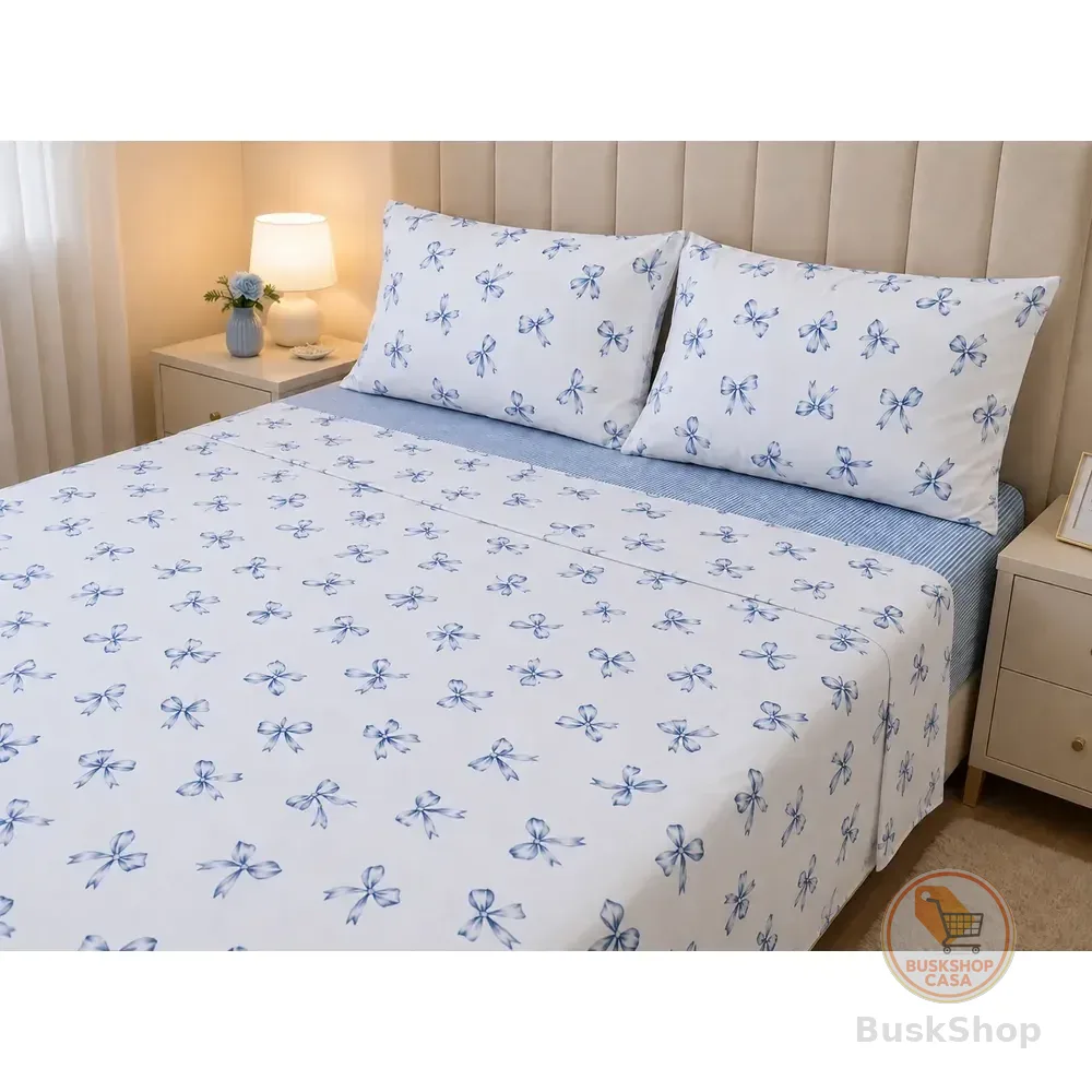 Jogo De Lençol Cama Luxo Micropercal 180 Fios 4 Peças Macio Laços Azul Casal