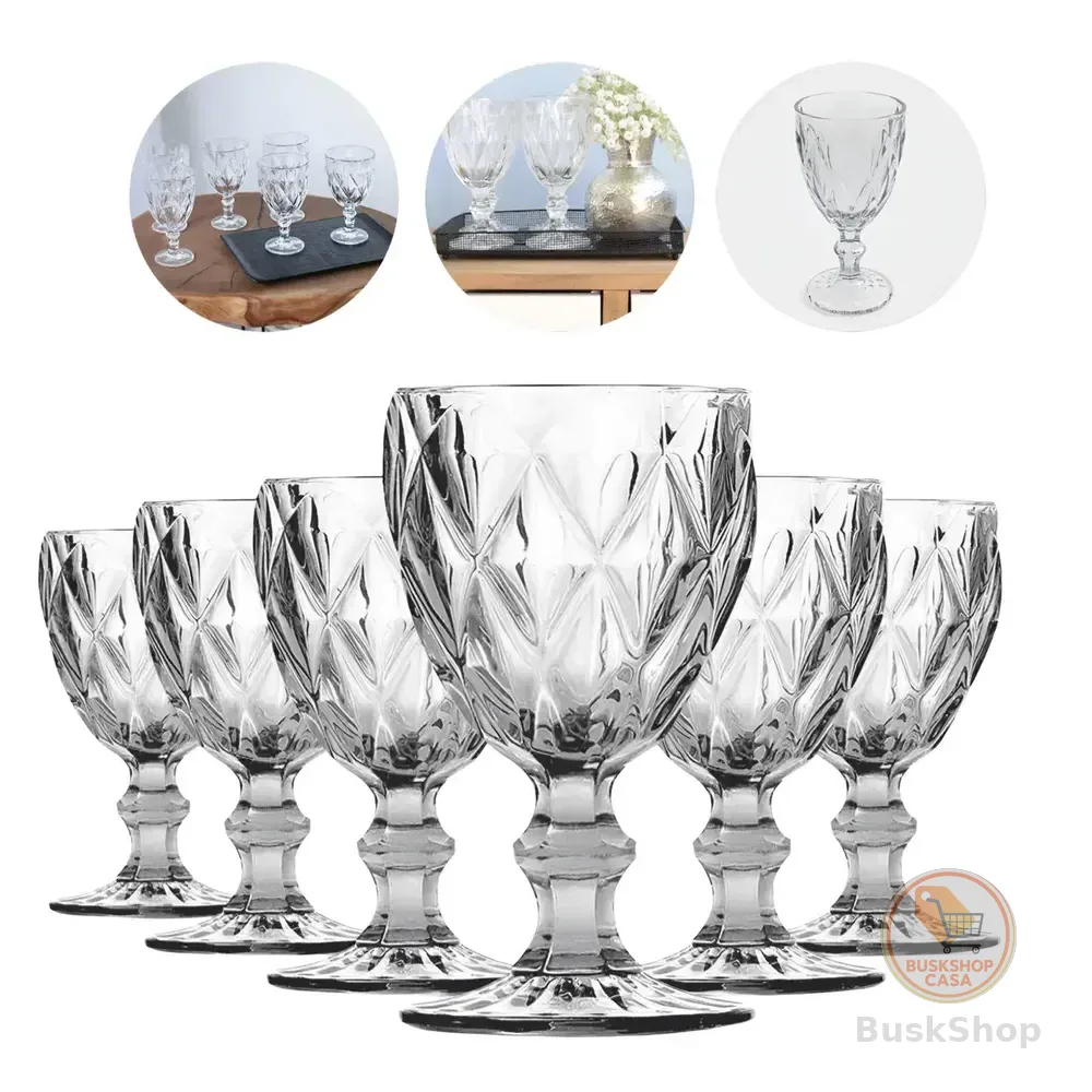 Kit Com 6 Taças De Vidro Diamond Luxo Para Água E Vinho 330 Ml Transparente