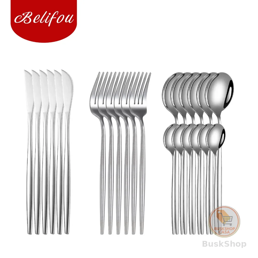 Belifou Kit 24 Jogo De Talheres Aço Inoxidável Prata Louça Dourada