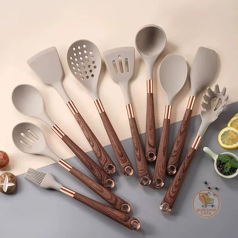 Jogo de Cozinha Kit 11 Peças Utensílios de Cozinha em Silicone e Cabo de Madeira Antiaderente