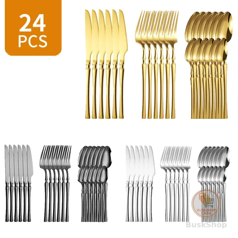 KIT 24 Talheres De Dourado Aço Inoxidável Facas Garfos e Colheres Na Cozinha Talheres kit talheres