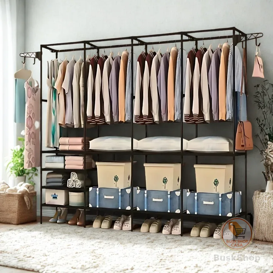 Cabideiro Casal Closet Arara com Prateleiras Organizadora de Roupas Solteiro Portátil Desmontável