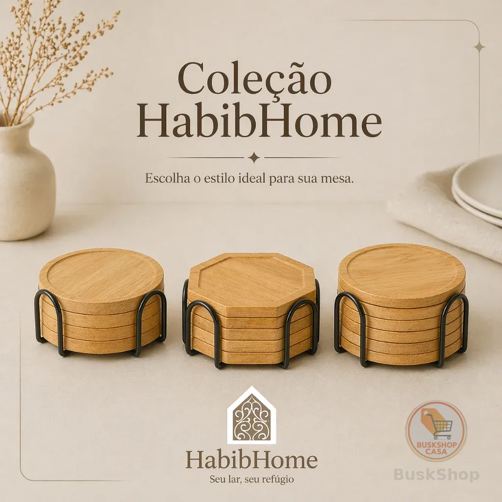 Kit Porta Copos De Bambu 4 E 6 Unidades Com Suporte Redondo E Octogonal Premium Decorativo Elegante