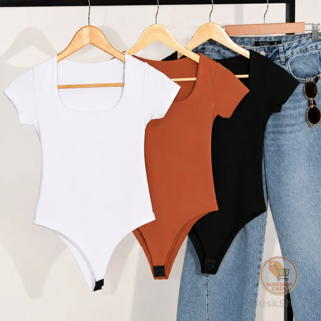 Kit 3 Body Feminino Decote Quadrado Manga Curta Tecido Suplex Moda Verão Tendência