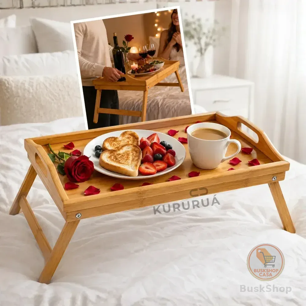 Bandeja Para Café Da Manhã Na Cama Em Bambu Com Pés Dobráveis 50x30cm Elegância, Praticidade Conforto Marca Kururuá