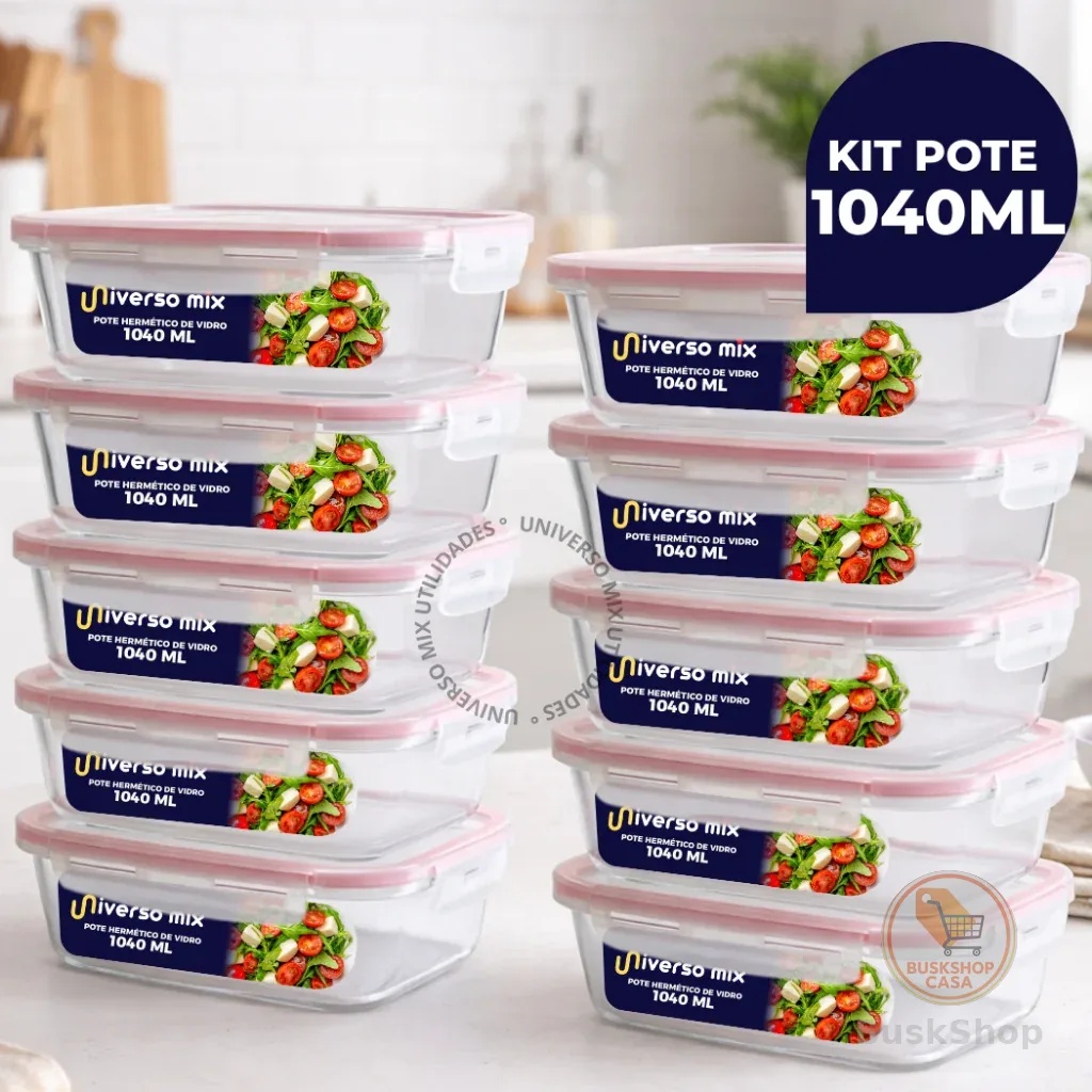 Kit 10 ou 5 Potes Vidro Hermético 1040ml Retangular 4 Travas Marmita Premium
